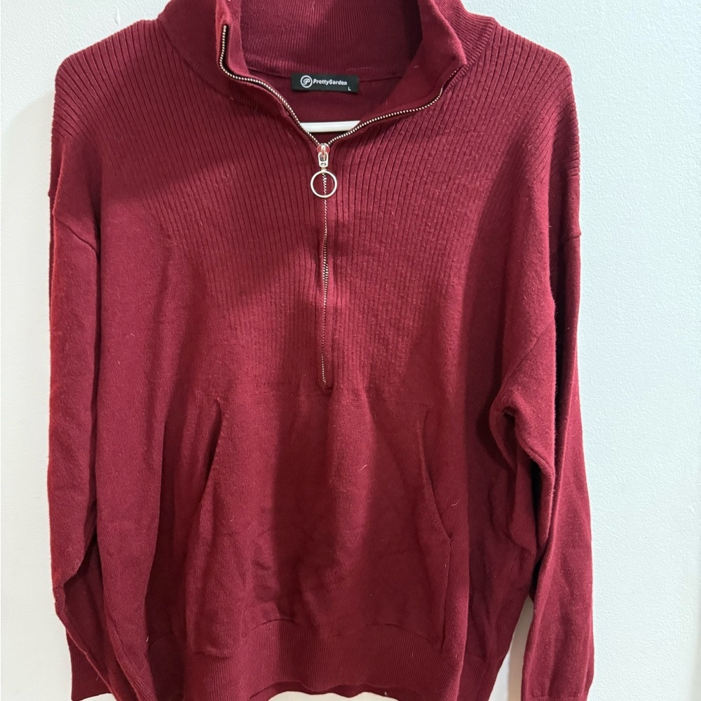Pretty garden Cozy‎ Burgundy Cowl Neck Zip Sweater